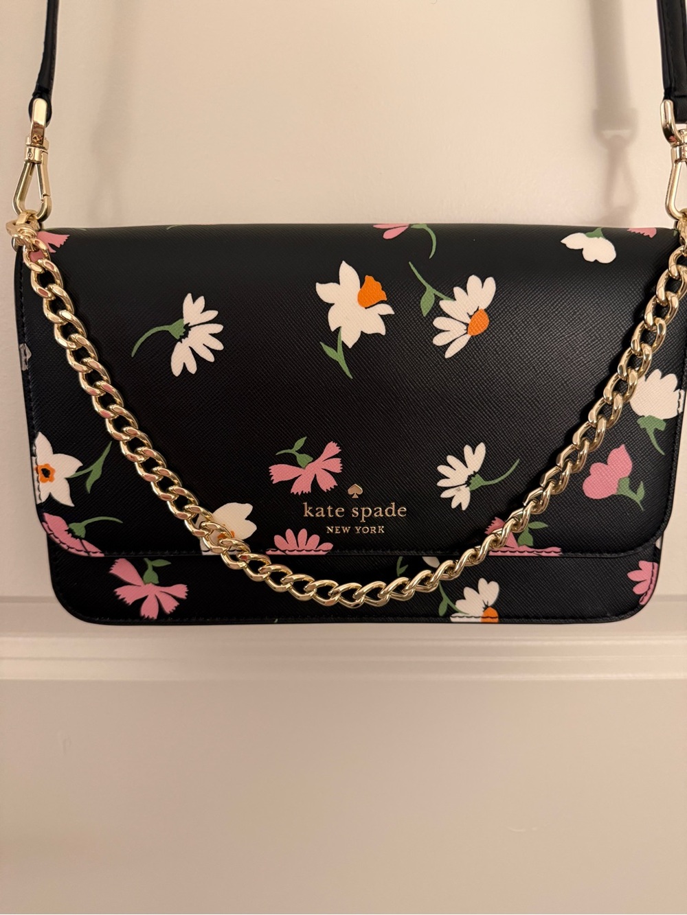 kate spade Black Floral Chain-Shoulder Crossbody with Pink & White Flowers